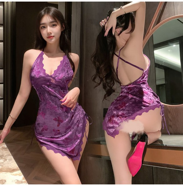 FEE ET MOI - Butterfly Print Deep V Velvet Dress (Purple)